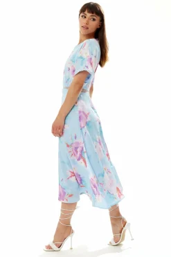 Women Liquorish Midi Floral Print Dress With Mesh Detail In