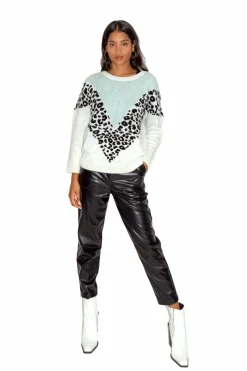 Women Liquorish Mint & White & Animal Layered Jumper