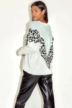 Women Liquorish Mint & White & Animal Layered Jumper