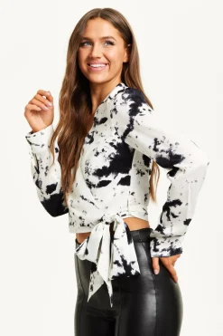 Women Liquorish Mono Abstract Print Wrap Top With Long Sleeves