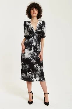 Women Liquorish Mono Abstract Print Knot Front Midi Dress