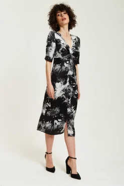 Women Liquorish Mono Abstract Print Knot Front Midi Dress