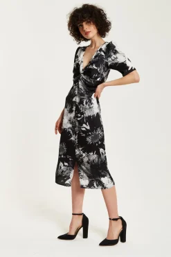 Women Liquorish Mono Abstract Print Knot Front Midi Dress