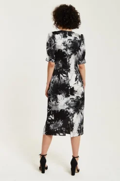 Women Liquorish Mono Abstract Print Knot Front Midi Dress