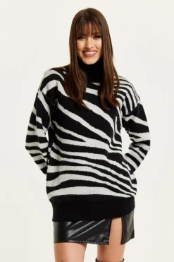 Women Liquorish Mono Zebra High Neck Jumper