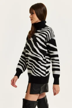 Women Liquorish Mono Zebra High Neck Jumper