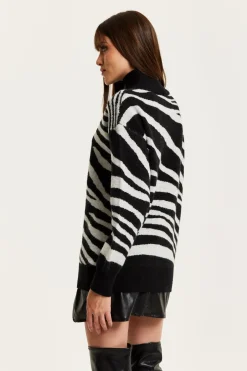Women Liquorish Mono Zebra High Neck Jumper