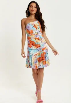 Women Liquorish Multicolour Floral Print One Shoulder Mini Dress