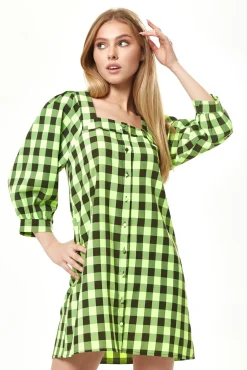 Women Liquorish Neon Gingham Puff Sleeve Dress