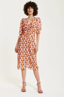 Women Liquorish Orange Floral Knot Front Midi Dress