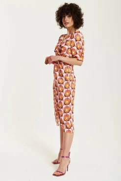 Women Liquorish Orange Floral Knot Front Midi Dress
