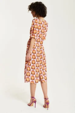 Women Liquorish Orange Floral Knot Front Midi Dress