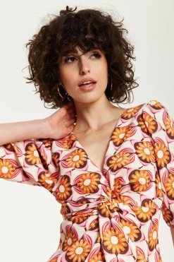 Women Liquorish Orange Floral Knot Front Midi Dress