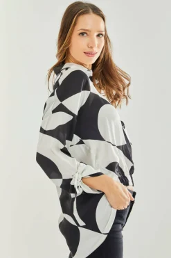 Women Liquorish Oversized Polka Stripe Pattern Black White Blouse