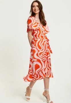 Women Liquorish Pink And Red Abstract Print Midi Wrap Dress
