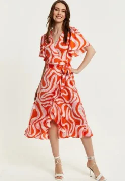 Women Liquorish Pink And Red Abstract Print Midi Wrap Dress