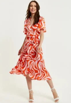 Women Liquorish Pink And Red Abstract Print Midi Wrap Dress