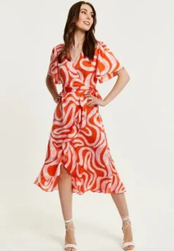 Women Liquorish Pink And Red Abstract Print Midi Wrap Dress