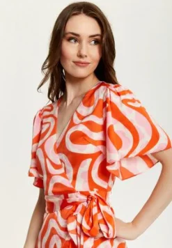 Women Liquorish Pink And Red Abstract Print Midi Wrap Dress