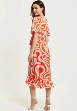 Women Liquorish Pink And Red Abstract Print Midi Wrap Dress