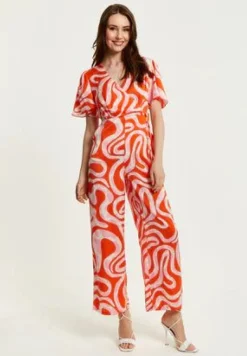 Women Liquorish Pink And Red Abstract Print Jumpsuit With Short Sleeves