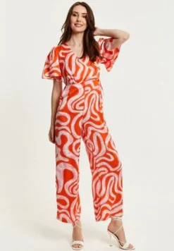 Women Liquorish Pink And Red Abstract Print Jumpsuit With Short Sleeves