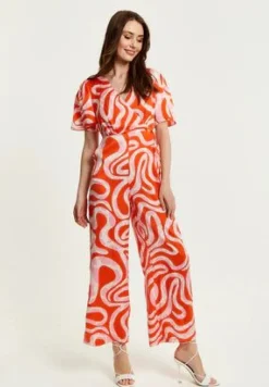 Women Liquorish Pink And Red Abstract Print Jumpsuit With Short Sleeves