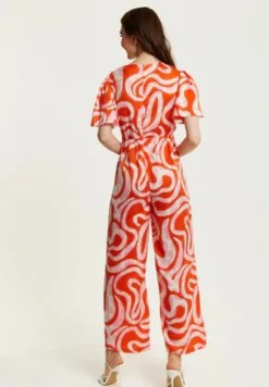 Women Liquorish Pink And Red Abstract Print Jumpsuit With Short Sleeves