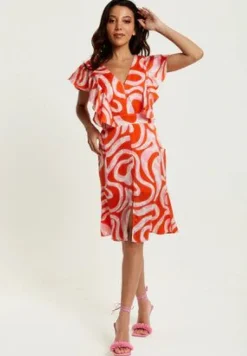 Women Liquorish Pink And Red Abstract Print Midi Dress With Frill Details
