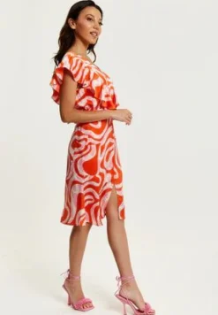 Women Liquorish Pink And Red Abstract Print Midi Dress With Frill Details