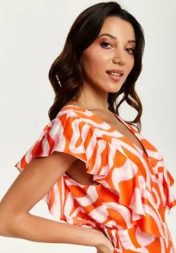 Women Liquorish Pink And Red Abstract Print Midi Dress With Frill Details