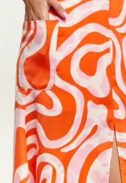 Women Liquorish Pink And Red Abstract Print Midi Dress With Frill Details
