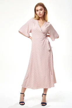 Women Liquorish Polka Dot Midi Wrap Dress In Light Pink