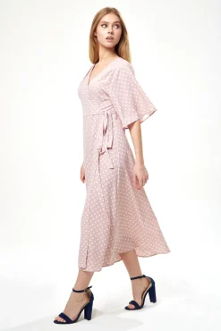 Women Liquorish Polka Dot Midi Wrap Dress In Light Pink