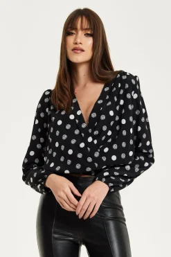 Women Liquorish Polka Dot Print Wrap Top In