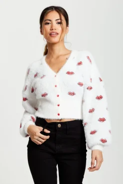Women Liquorish Red Lip Pattern Fluffy Cardigan In