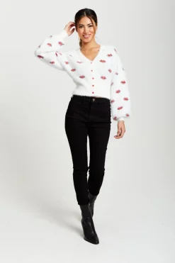 Women Liquorish Red Lip Pattern Fluffy Cardigan In