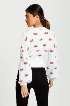 Women Liquorish Red Lip Pattern Fluffy Cardigan In