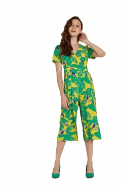 Women Liquorish Rock Kandy Wide Leg Jumpsuit In Yellow Leaf Print