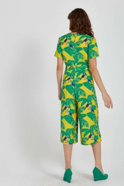 Women Liquorish Rock Kandy Wide Leg Jumpsuit In Yellow Leaf Print