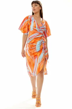 Women Liquorish Rouching Abstract Brush Stroke Print Midi Dress
