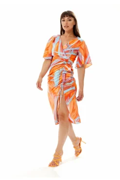 Women Liquorish Rouching Abstract Brush Stroke Print Midi Dress
