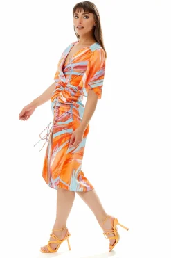 Women Liquorish Rouching Abstract Brush Stroke Print Midi Dress