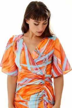 Women Liquorish Rouching Abstract Brush Stroke Print Midi Dress