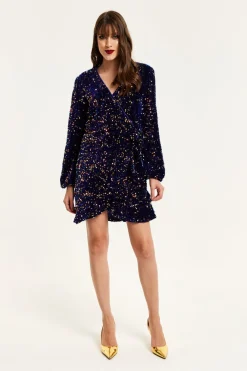 Women Liquorish Royal Blue Velvet Based Multicolour Sequin Mini Wrap Dress