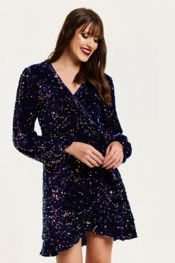 Women Liquorish Royal Blue Velvet Based Multicolour Sequin Mini Wrap Dress