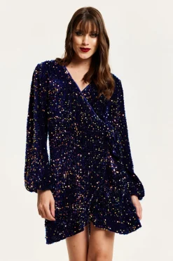 Women Liquorish Royal Blue Velvet Based Multicolour Sequin Mini Wrap Dress