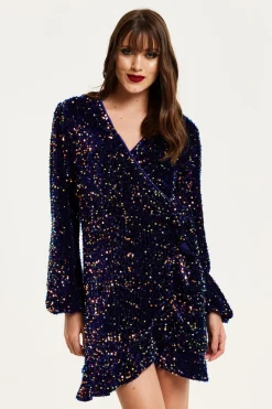 Women Liquorish Royal Blue Velvet Based Multicolour Sequin Mini Wrap Dress