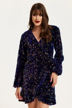 Women Liquorish Royal Blue Velvet Based Multicolour Sequin Mini Wrap Dress