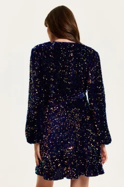 Women Liquorish Royal Blue Velvet Based Multicolour Sequin Mini Wrap Dress